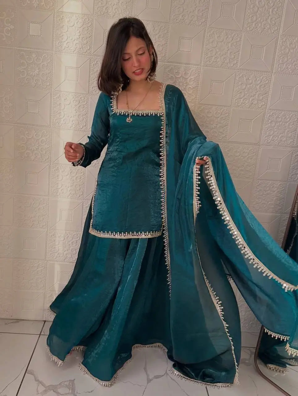 Mirror Work Silk Kurta Palazzo Set with Dupatta