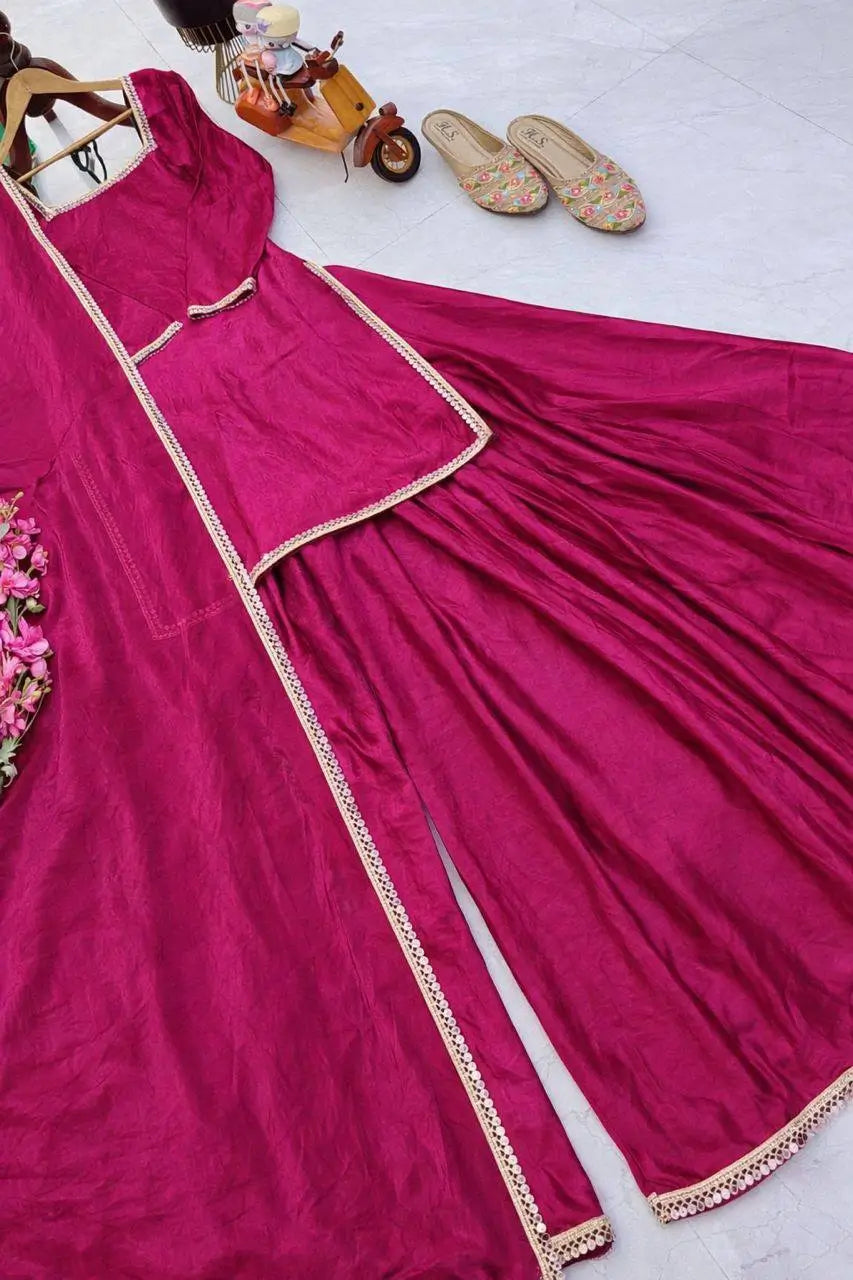 Mirror Work Silk Kurta Palazzo Set with Dupatta