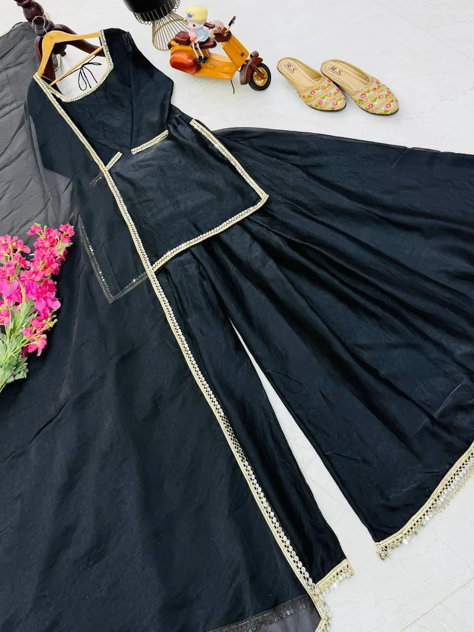 Mirror Work Silk Kurta Palazzo Set with Dupatta