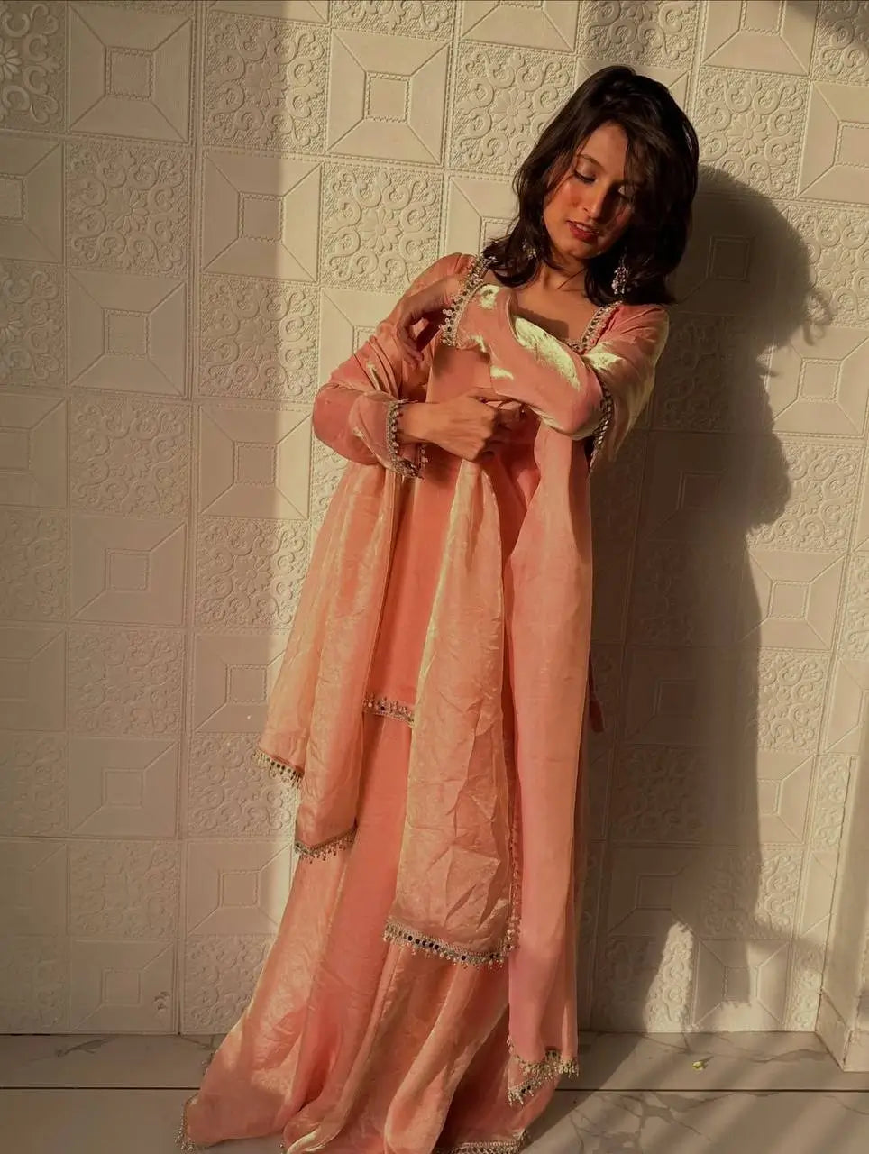 Mirror Work Silk Kurta Palazzo Set with Dupatta