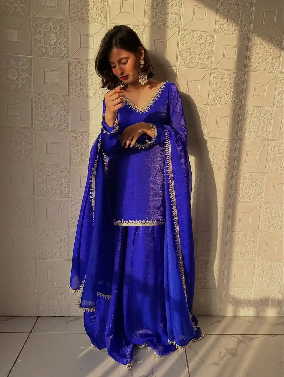 Mirror Work Silk Kurta Palazzo Set with Dupatta