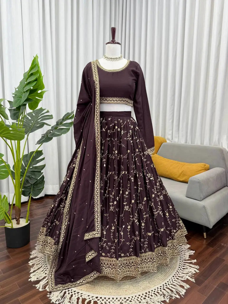 Mocha Royale Chinon Silk Thread and Sequin Lehenga Set