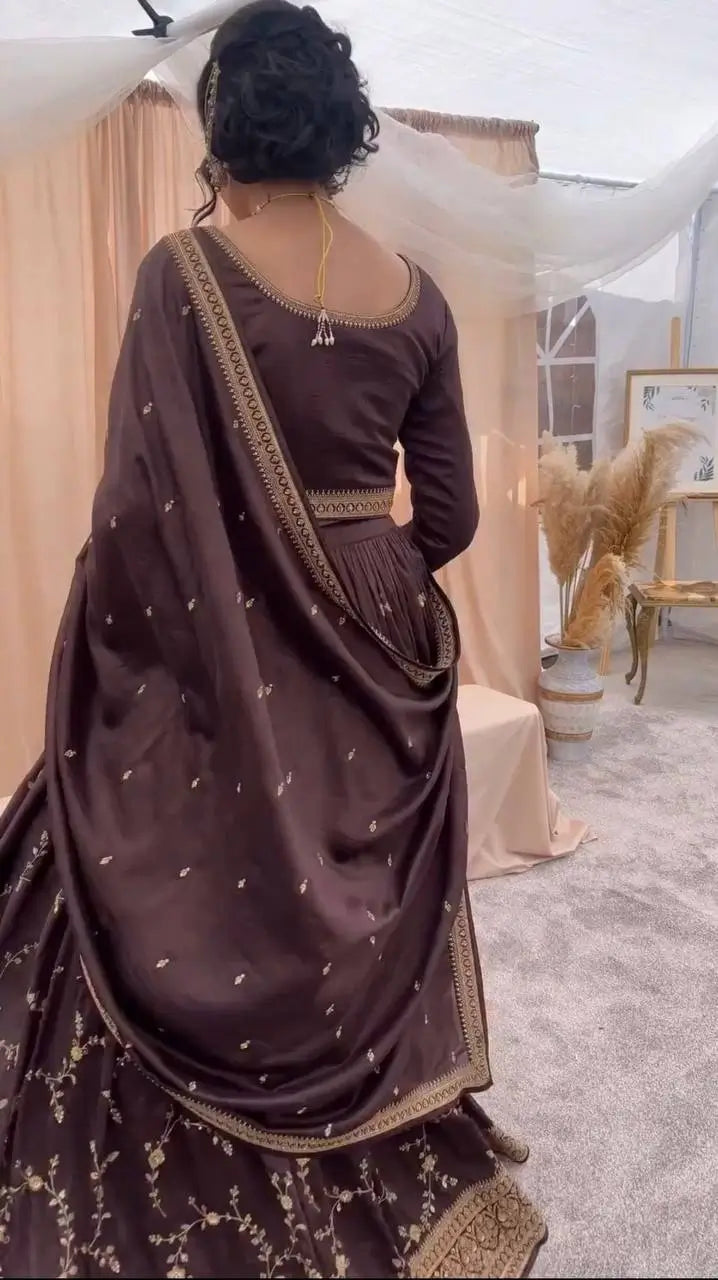 Mocha Royale Chinon Silk Thread and Sequin Lehenga Set