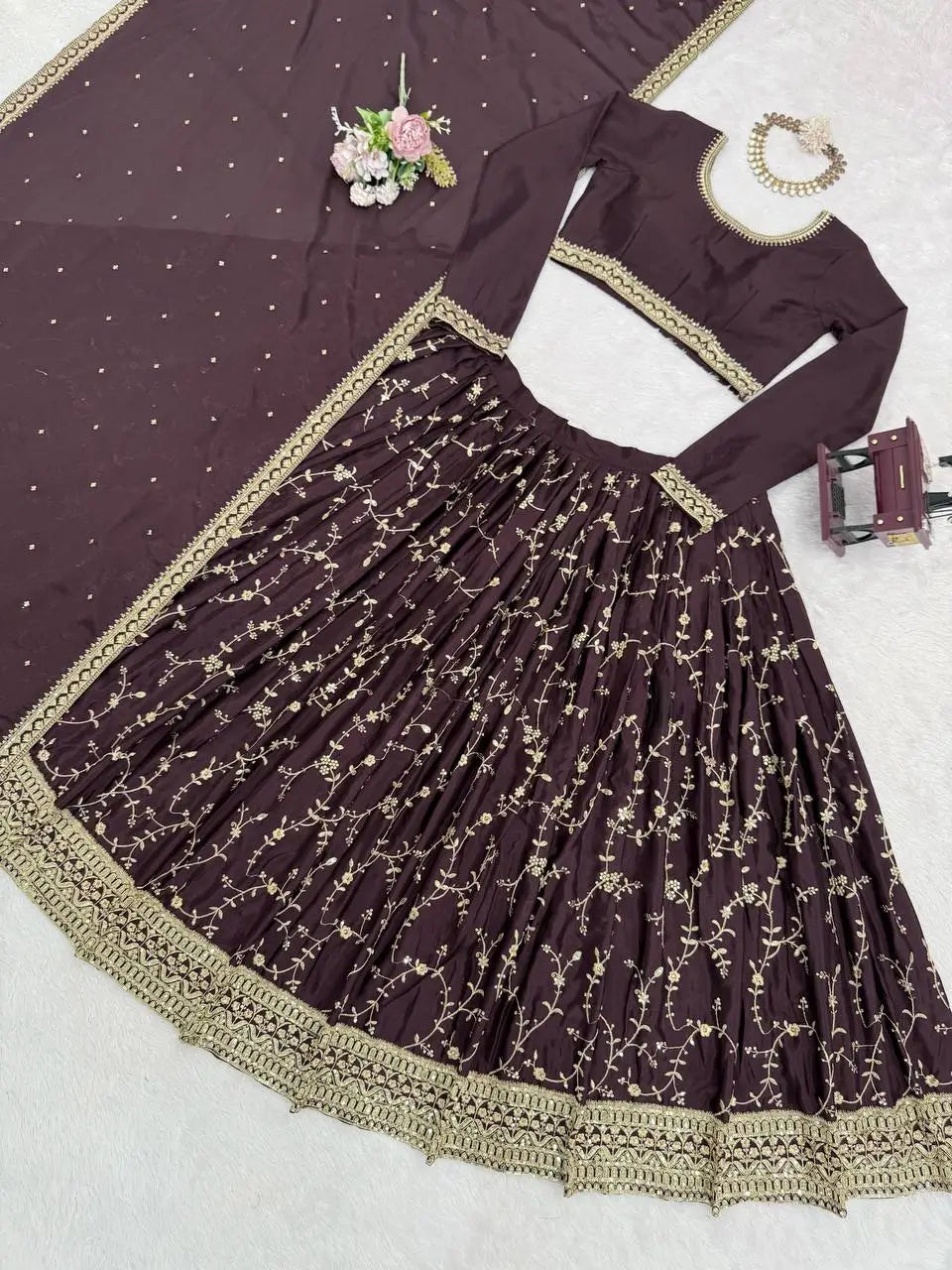Mocha Royale Chinon Silk Thread and Sequin Lehenga Set
