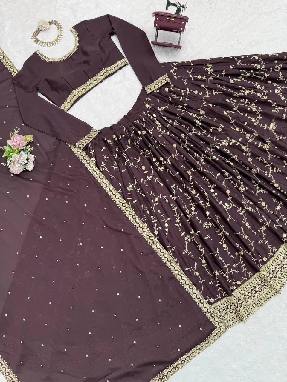 Mocha Royale Chinon Silk Thread and Sequin Lehenga Set