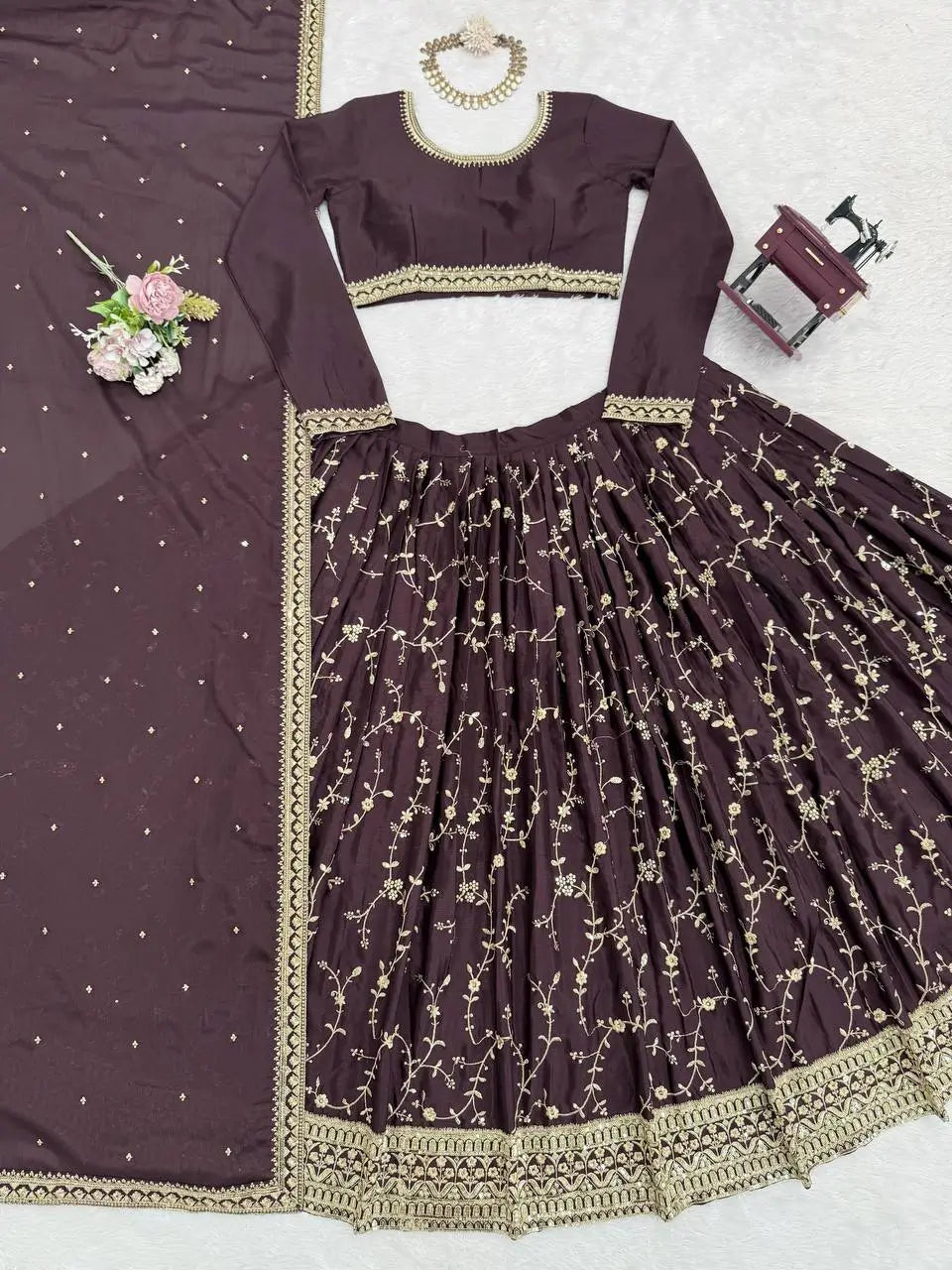 Mocha Royale Chinon Silk Thread and Sequin Lehenga Set