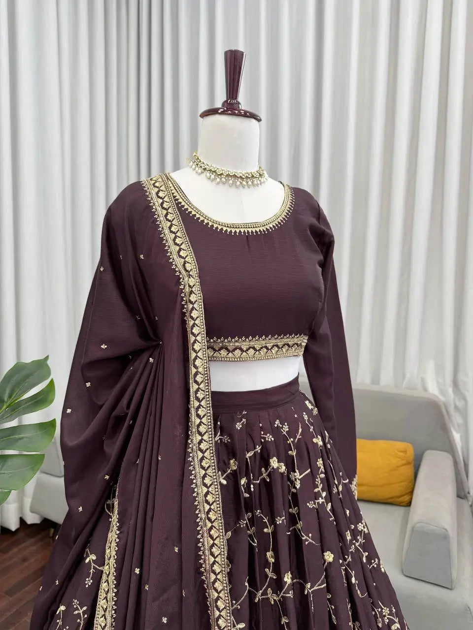 Mocha Royale Chinon Silk Thread and Sequin Lehenga Set