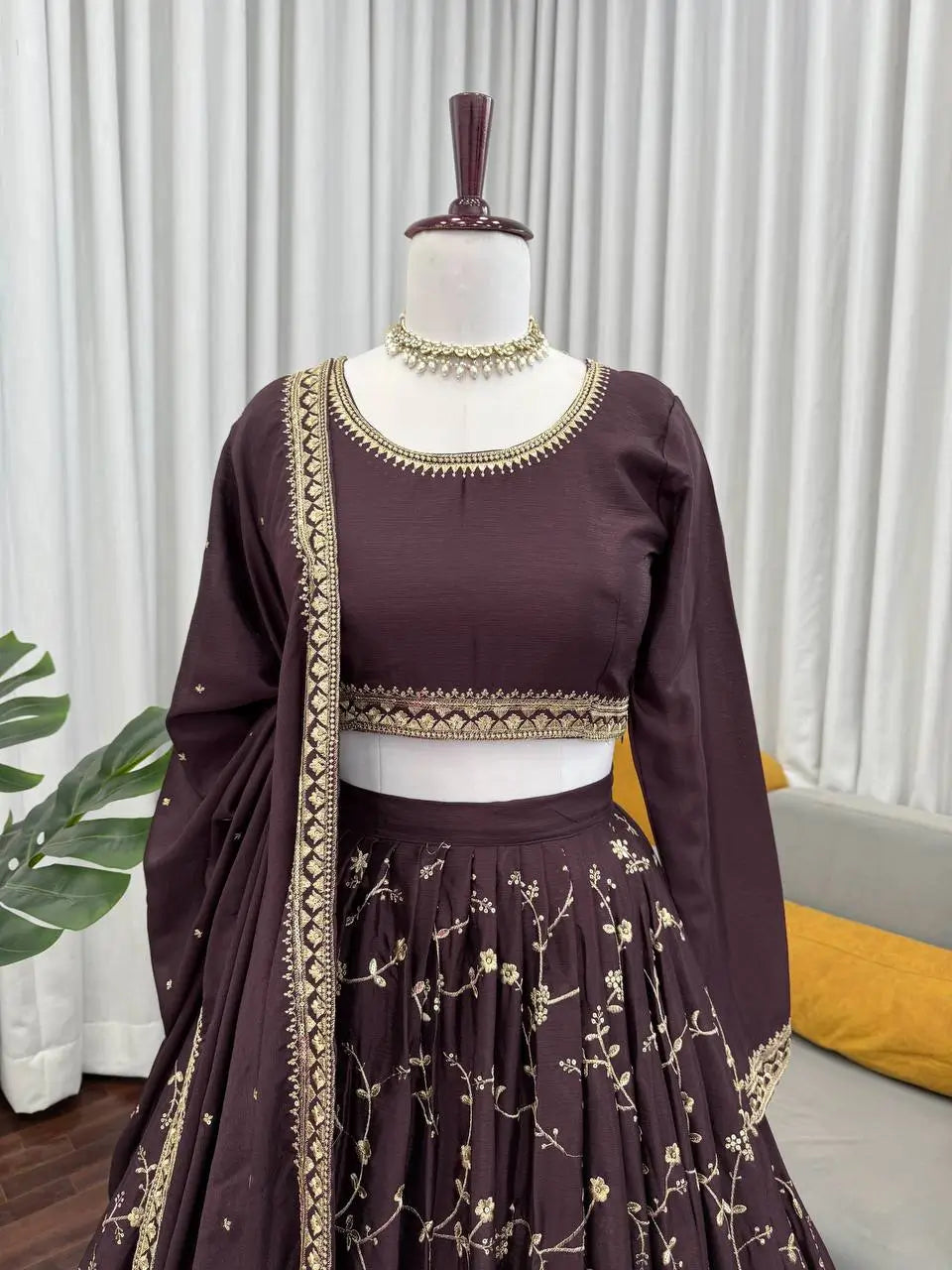 Mocha Royale Chinon Silk Thread and Sequin Lehenga Set