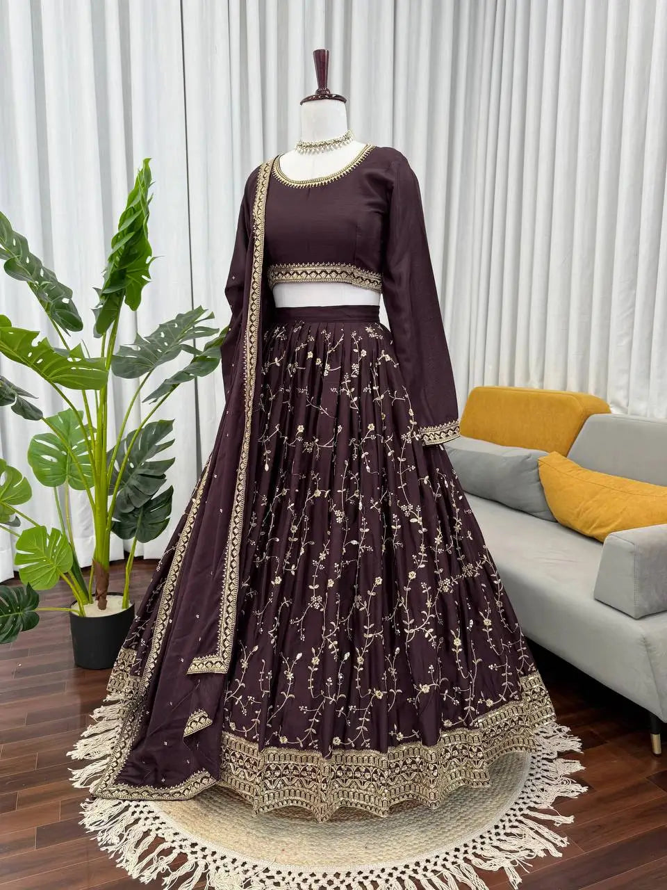 Mocha Royale Chinon Silk Thread and Sequin Lehenga Set