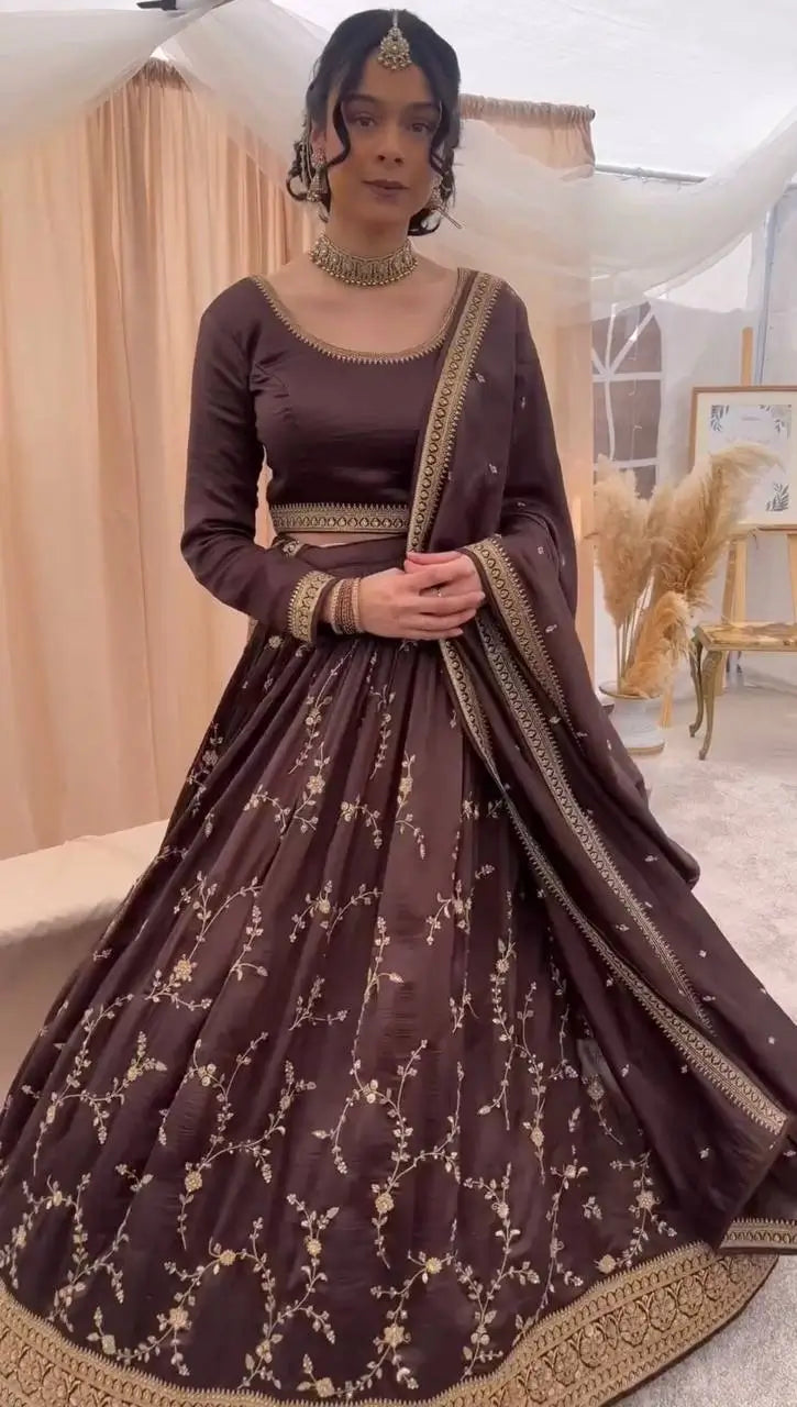Mocha Royale Chinon Silk Thread and Sequin Lehenga Set