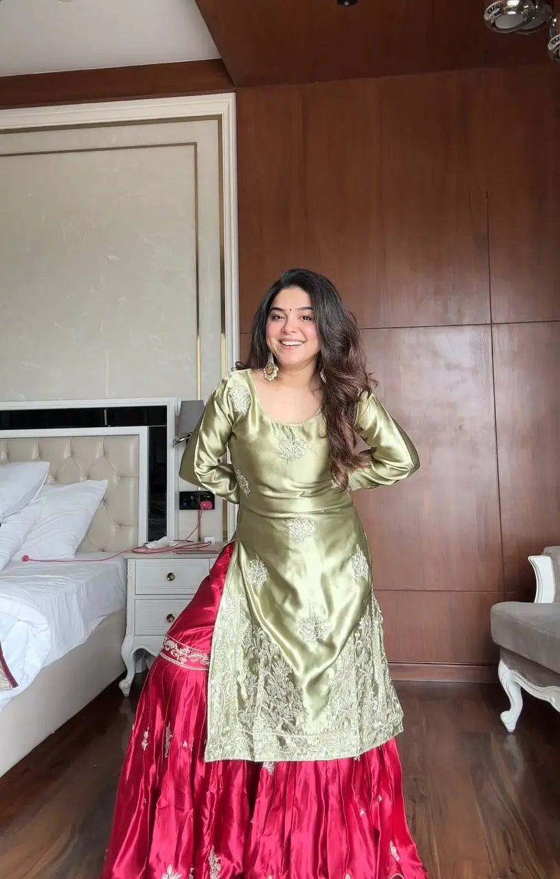 Moss Satin Embroidered Sharara Suit Set for Festive and Wedding Wear