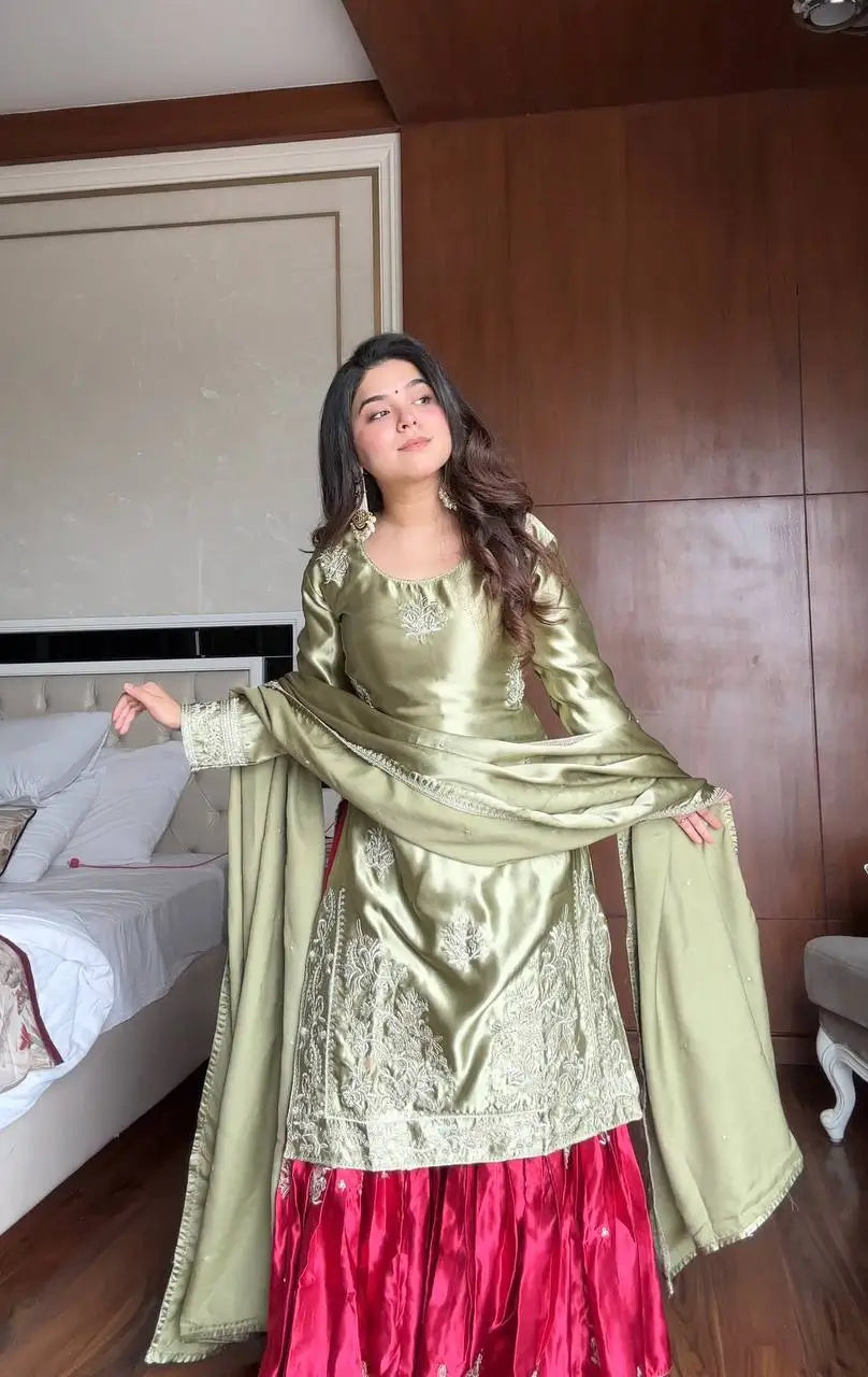 Moss Satin Embroidered Sharara Suit Set for Festive and Wedding Wear