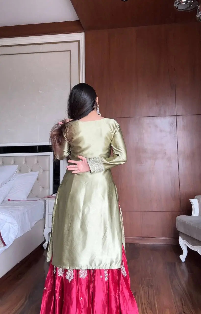 Moss Satin Embroidered Sharara Suit Set for Festive and Wedding Wear