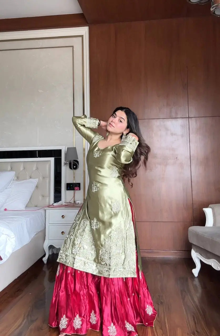 Moss Satin Embroidered Sharara Suit Set for Festive and Wedding Wear