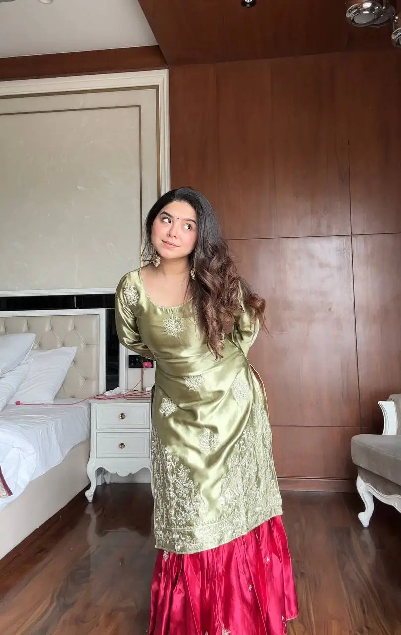 Moss Satin Embroidered Sharara Suit Set for Festive and Wedding Wear