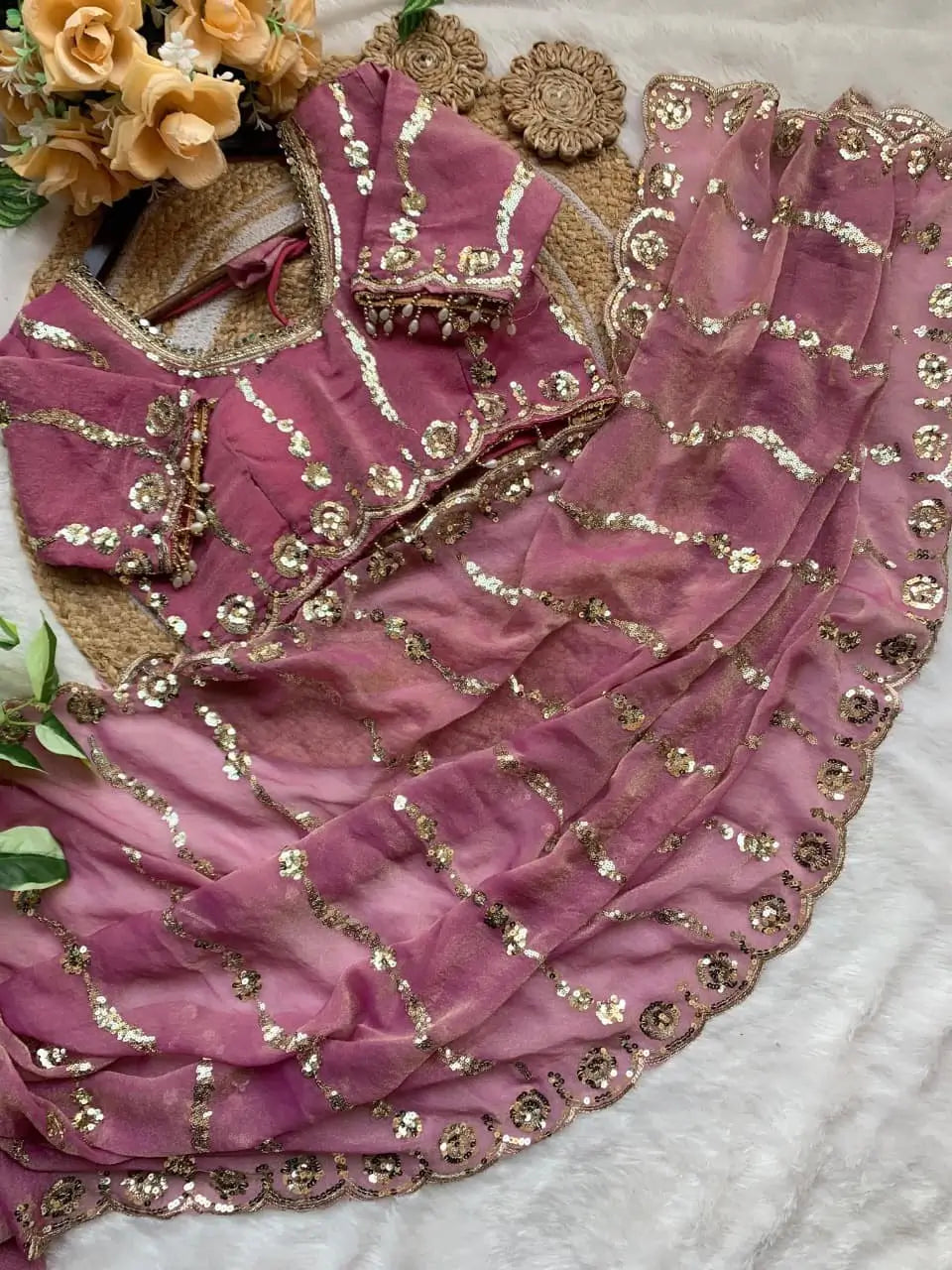 Moss Silk Leheriya Sequin Saree with Blouse