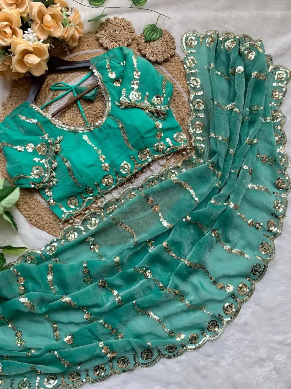 Moss Silk Leheriya Sequin Saree with Blouse