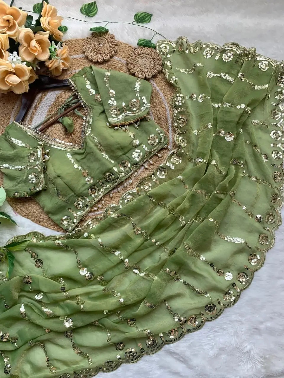 Moss Silk Leheriya Sequin Saree with Blouse