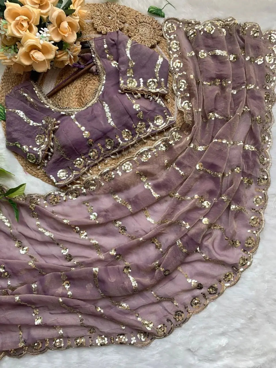 Moss Silk Leheriya Sequin Saree with Blouse