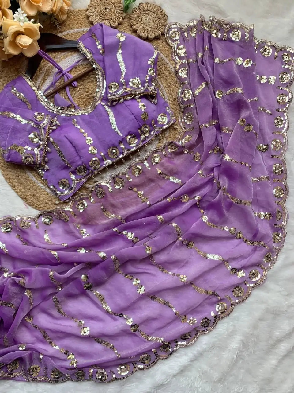 Moss Silk Leheriya Sequin Saree with Blouse