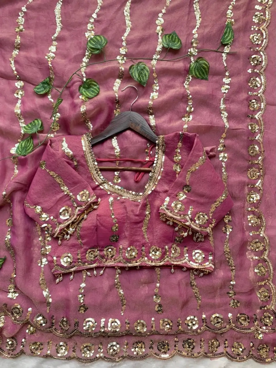 Moss Silk Leheriya Sequin Saree with Blouse