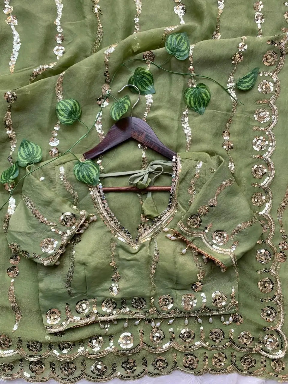 Moss Silk Leheriya Sequin Saree with Blouse