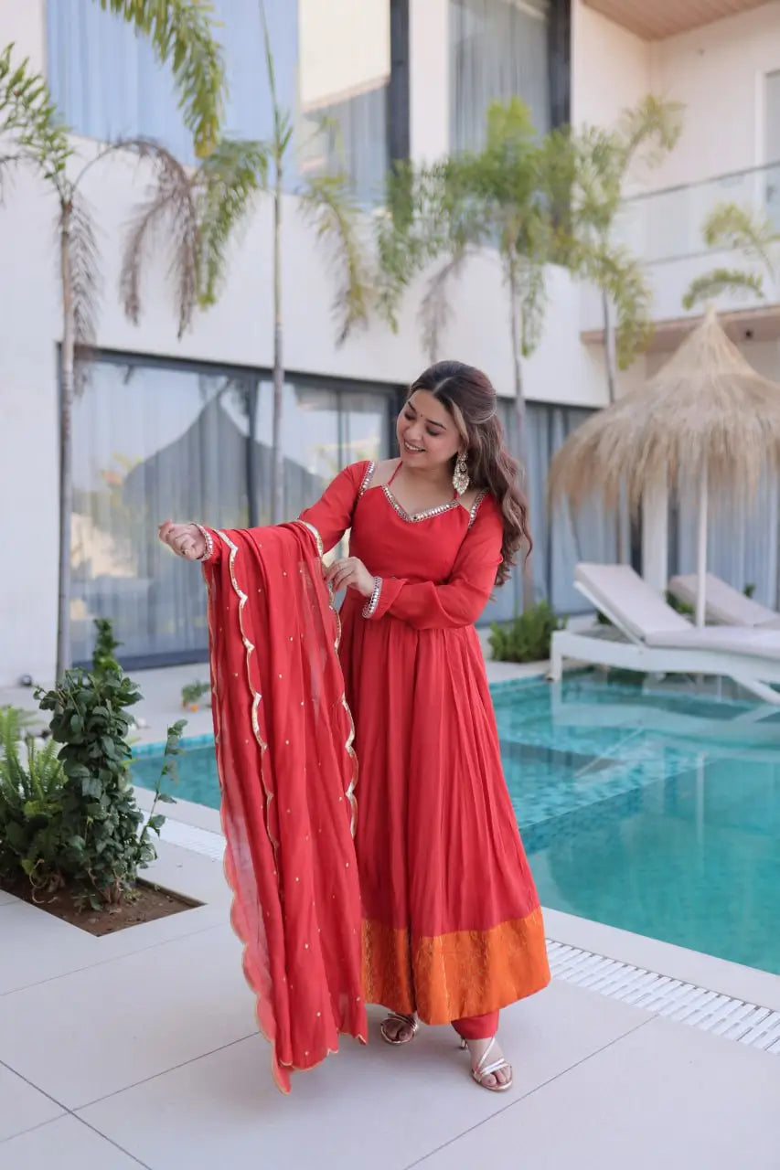 Mul Chanderi Anarkali Kurti Set with Dupatta for Festive and Wedding Wear
