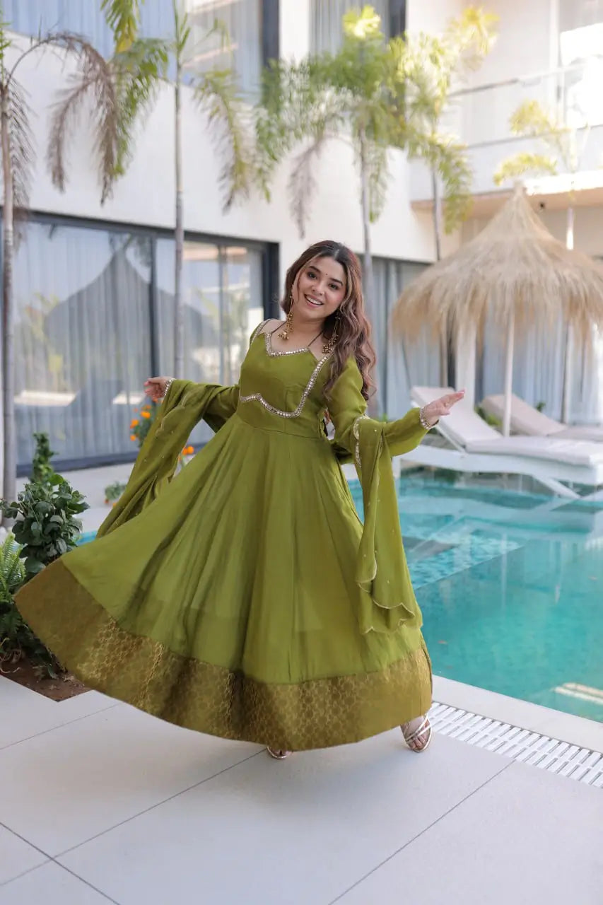 Mul Chanderi Anarkali Kurti Set with Dupatta for Festive and Wedding Wear
