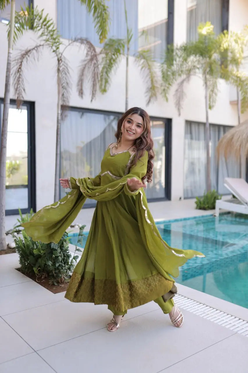 Mul Chanderi Anarkali Kurti Set with Dupatta for Festive and Wedding Wear