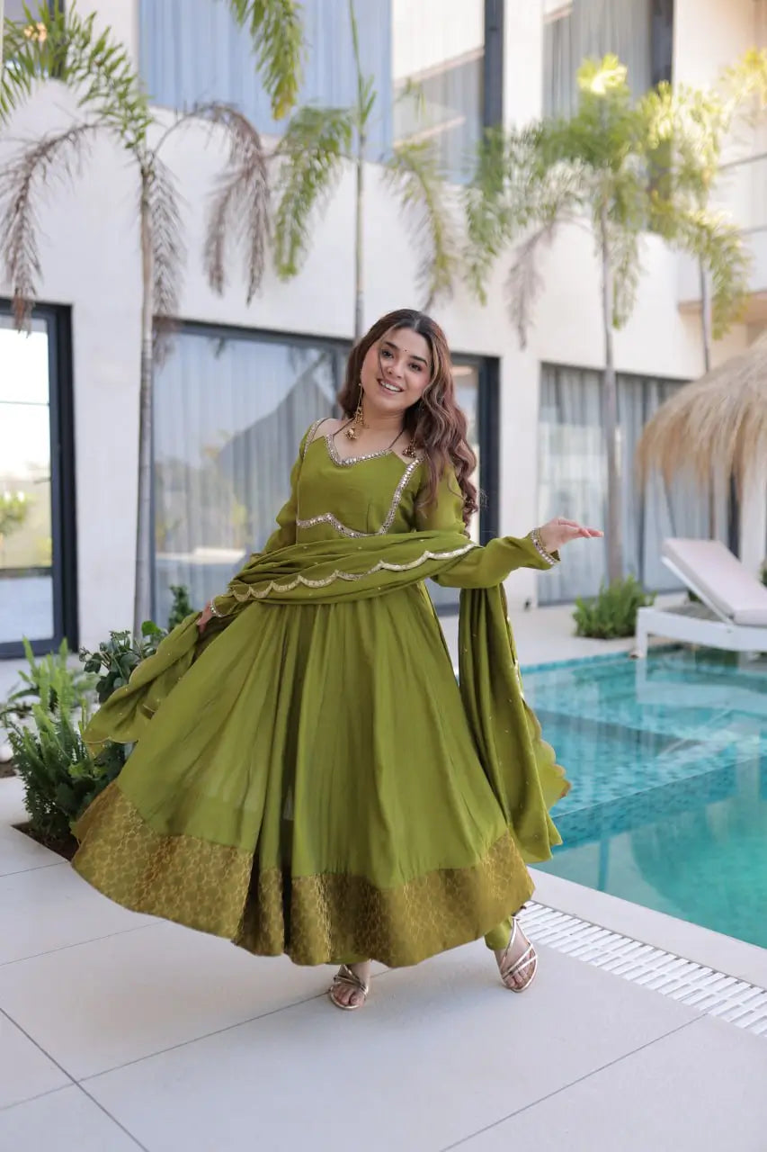 Mul Chanderi Anarkali Kurti Set with Dupatta for Festive and Wedding Wear