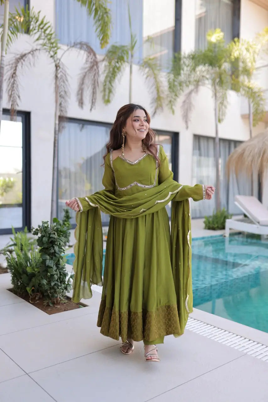 Mul Chanderi Anarkali Kurti Set with Dupatta for Festive and Wedding Wear