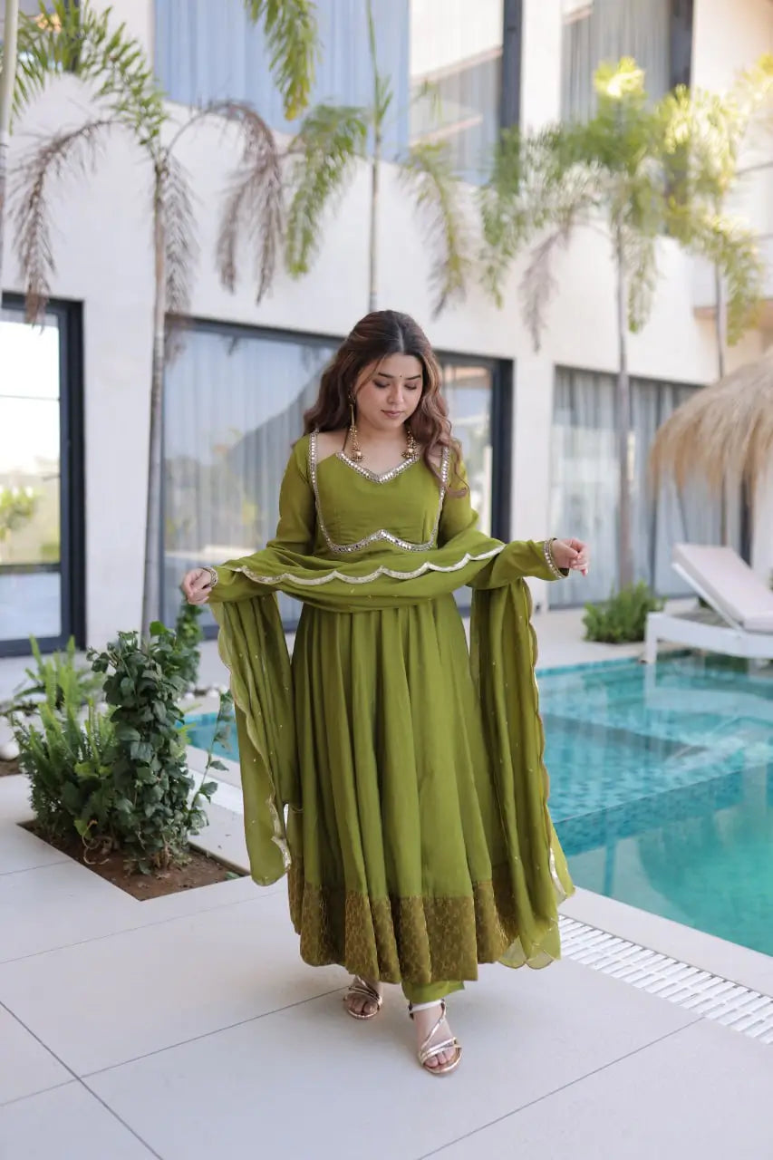 Mul Chanderi Anarkali Kurti Set with Dupatta for Festive and Wedding Wear