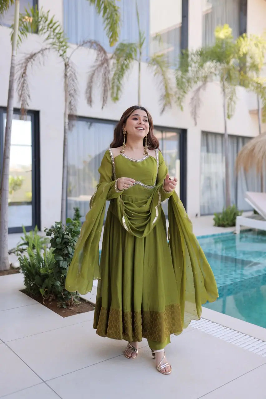 Mul Chanderi Anarkali Kurti Set with Dupatta for Festive and Wedding Wear