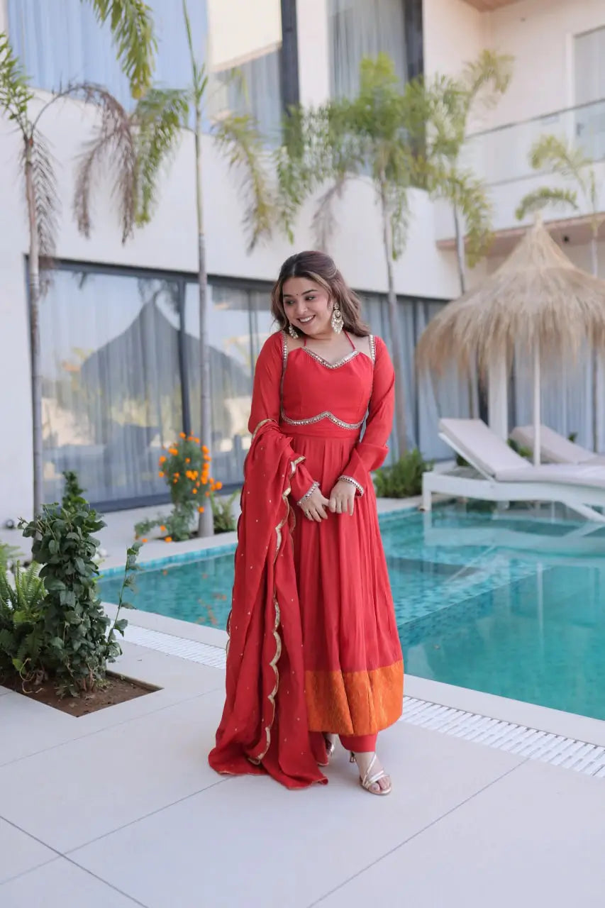 Mul Chanderi Anarkali Kurti Set with Dupatta for Festive and Wedding Wear