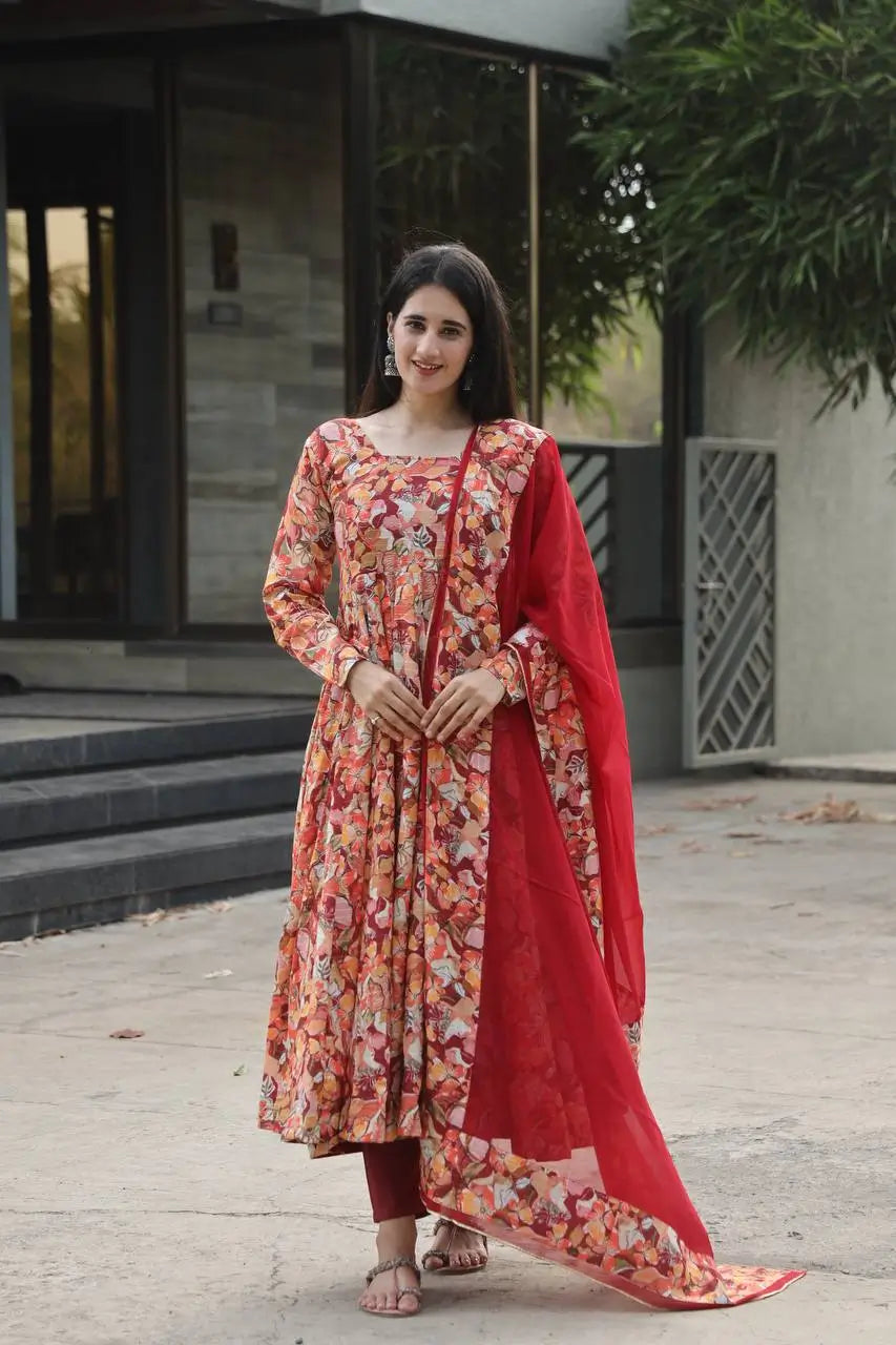 Multi-Color Muslin Embroidered Anarkali Suit with Dupatta