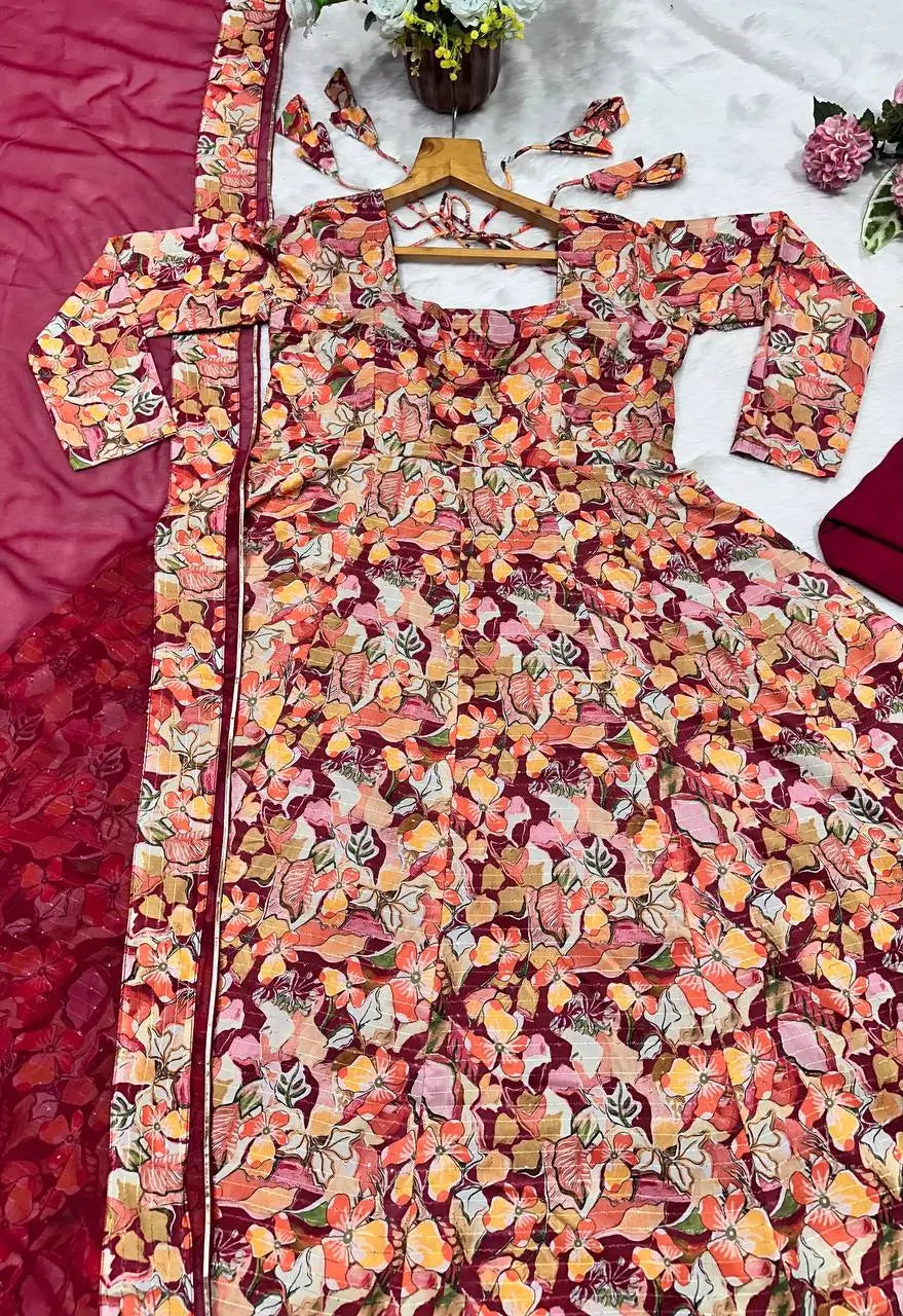 Multi-Color Muslin Embroidered Anarkali Suit with Dupatta