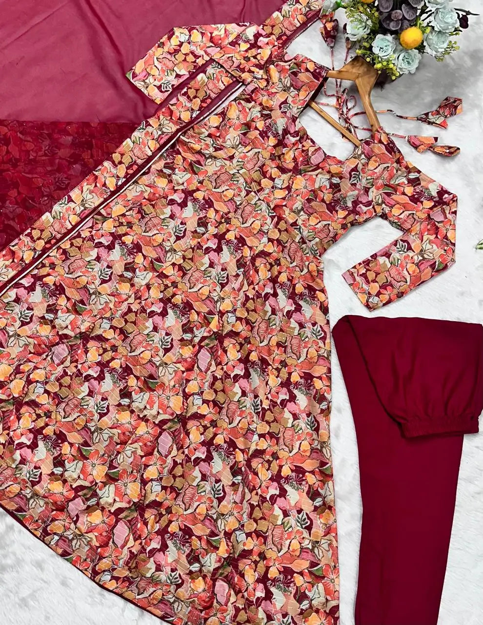 Multi-Color Muslin Embroidered Anarkali Suit with Dupatta