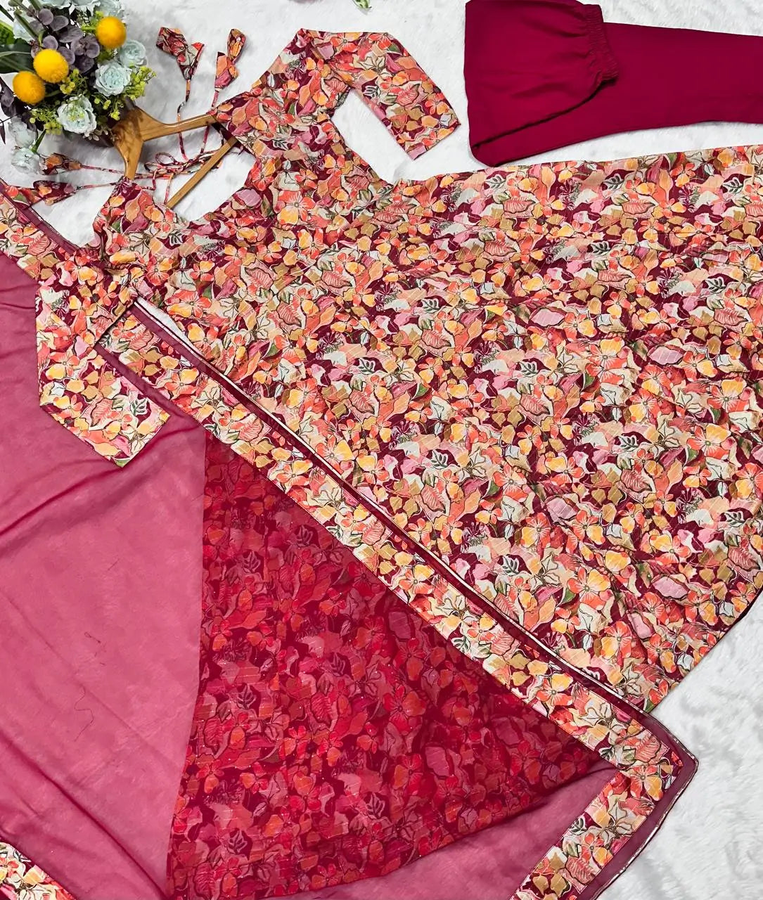 Multi-Color Muslin Embroidered Anarkali Suit with Dupatta