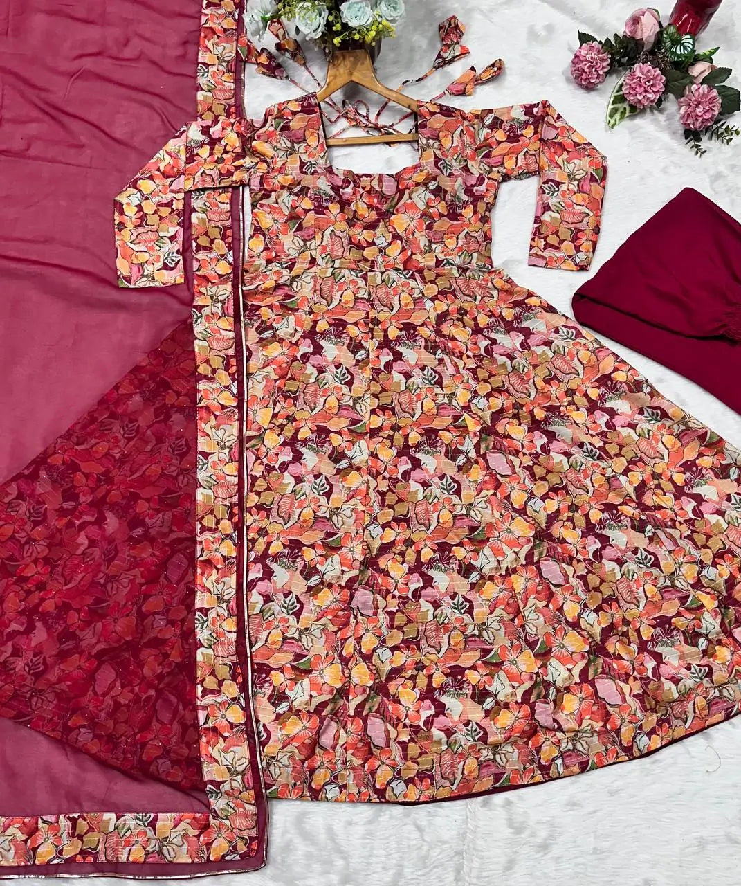 Multi-Color Muslin Embroidered Anarkali Suit with Dupatta