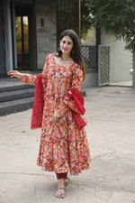 Multi-Color Muslin Embroidered Anarkali Suit with Dupatta