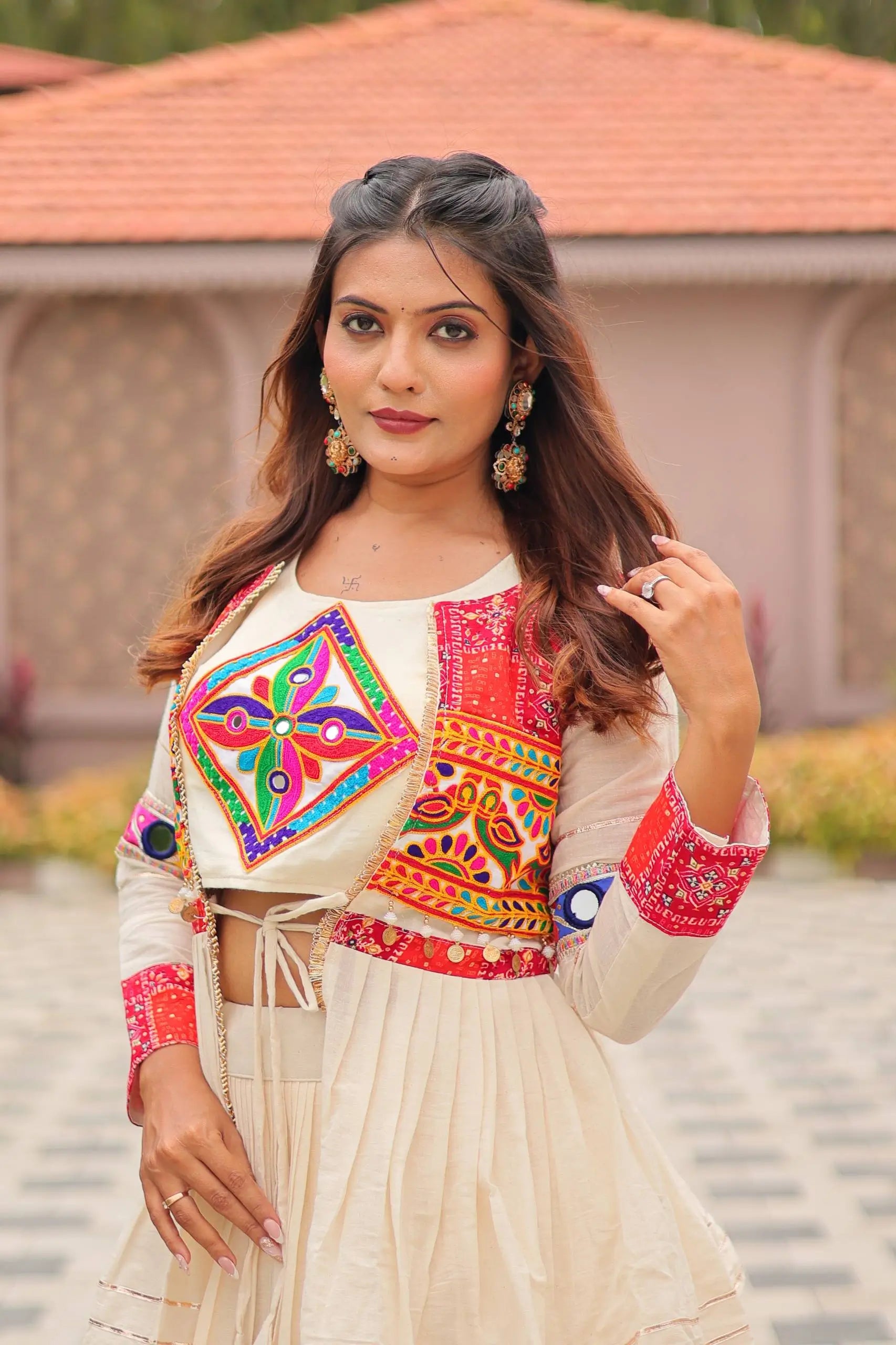 Multicolor Gamthi Work Cotton Lehenga Choli with Koti for Navratri and Festive Wear
