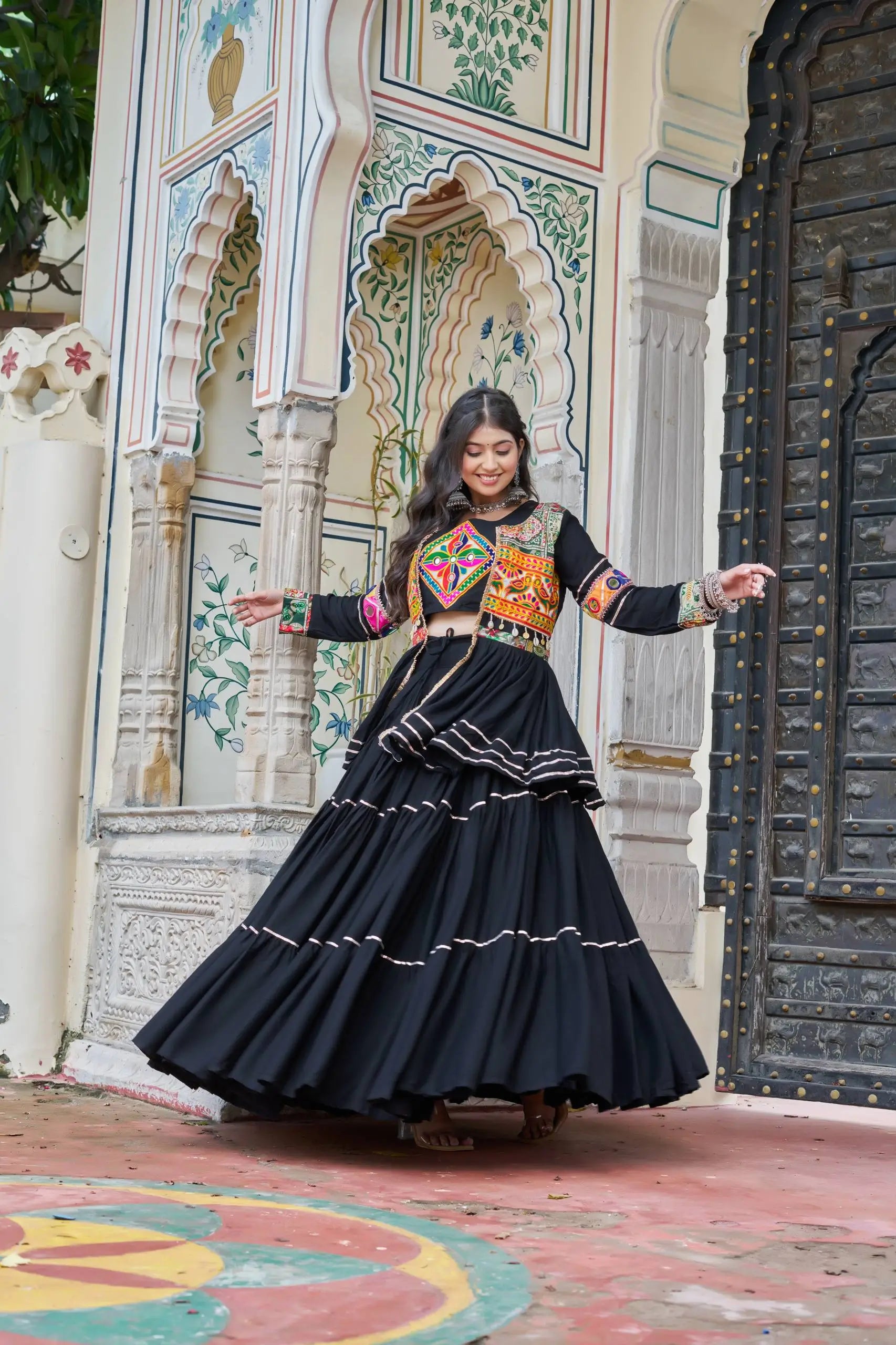 Multicolor Gamthi Work Cotton Lehenga Choli with Koti for Navratri and Festive Wear