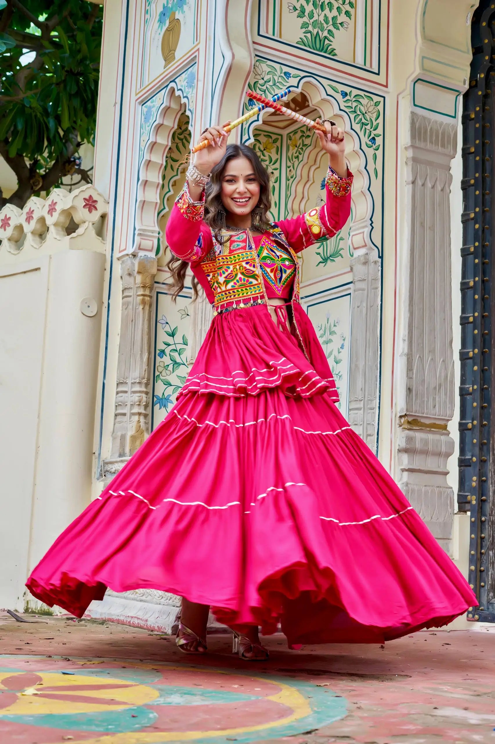 Multicolor Gamthi Work Cotton Lehenga Choli with Koti for Navratri and Festive Wear