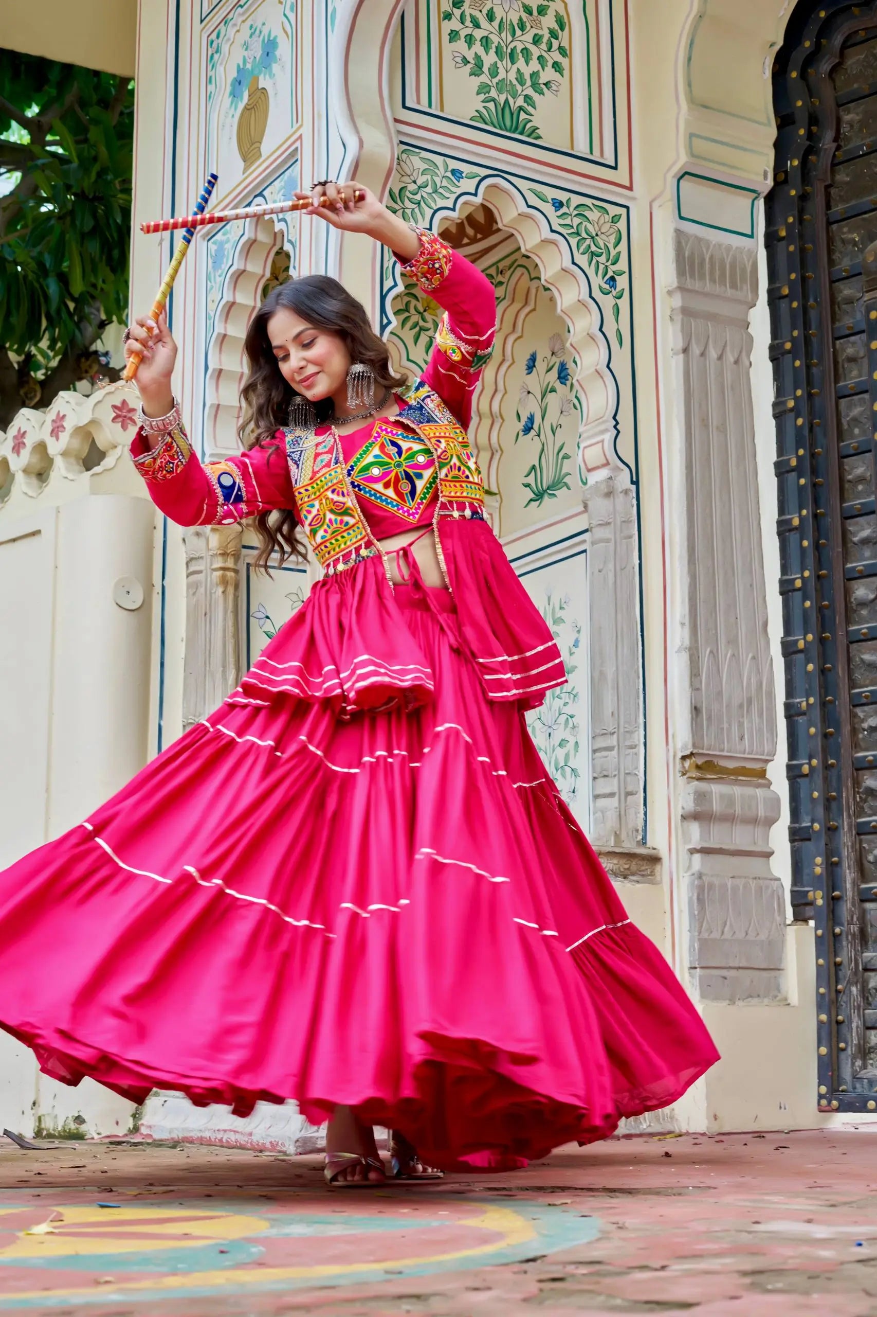 Multicolor Gamthi Work Cotton Lehenga Choli with Koti for Navratri and Festive Wear