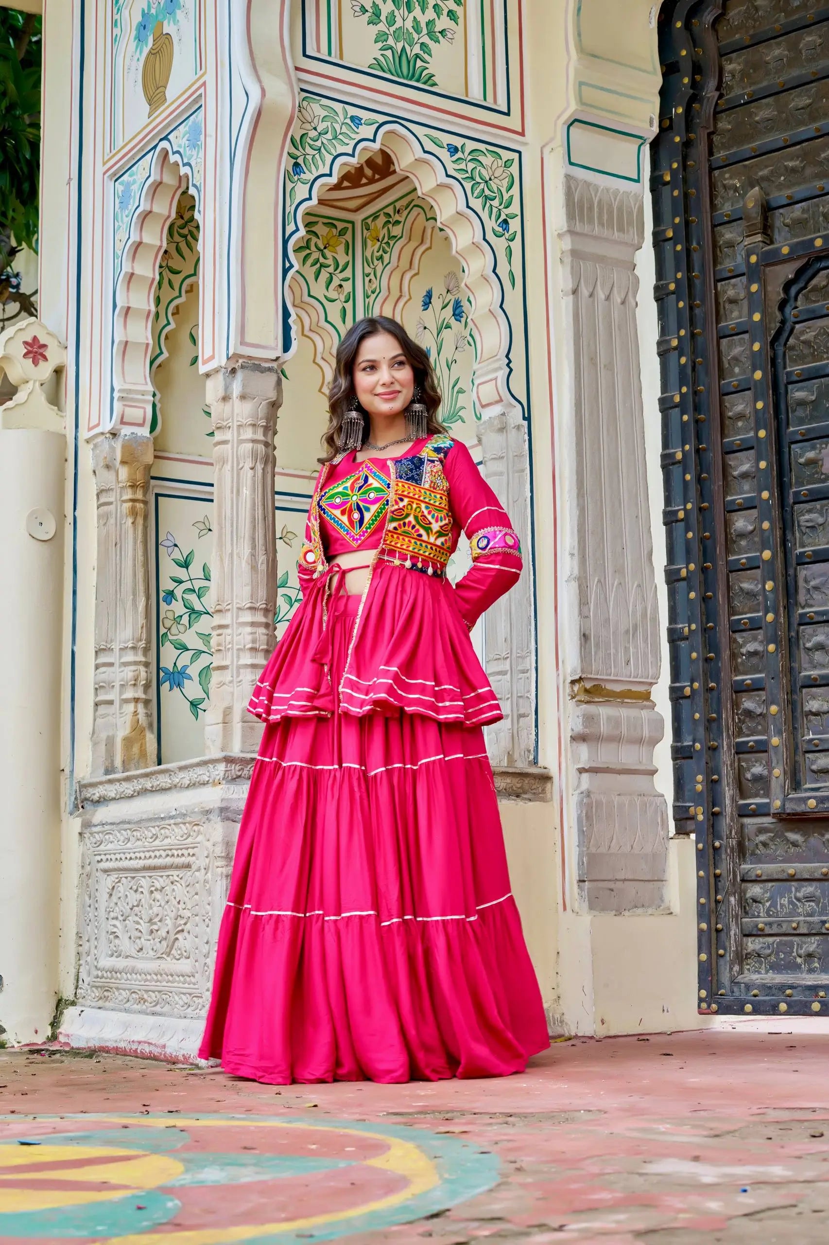 Multicolor Gamthi Work Cotton Lehenga Choli with Koti for Navratri and Festive Wear