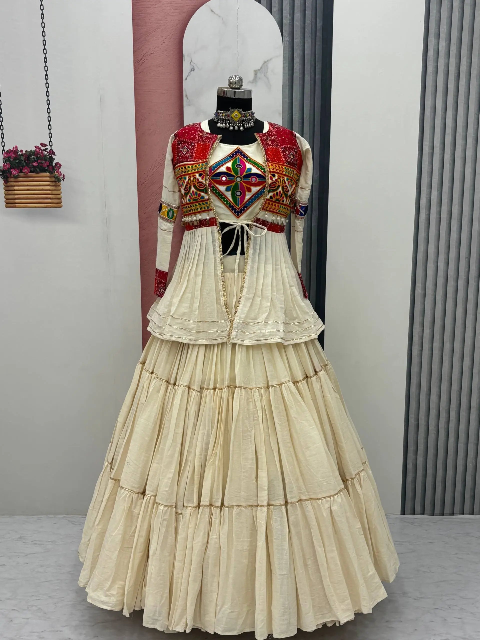 Multicolor Gamthi Work Cotton Lehenga Choli with Koti for Navratri and Festive Wear