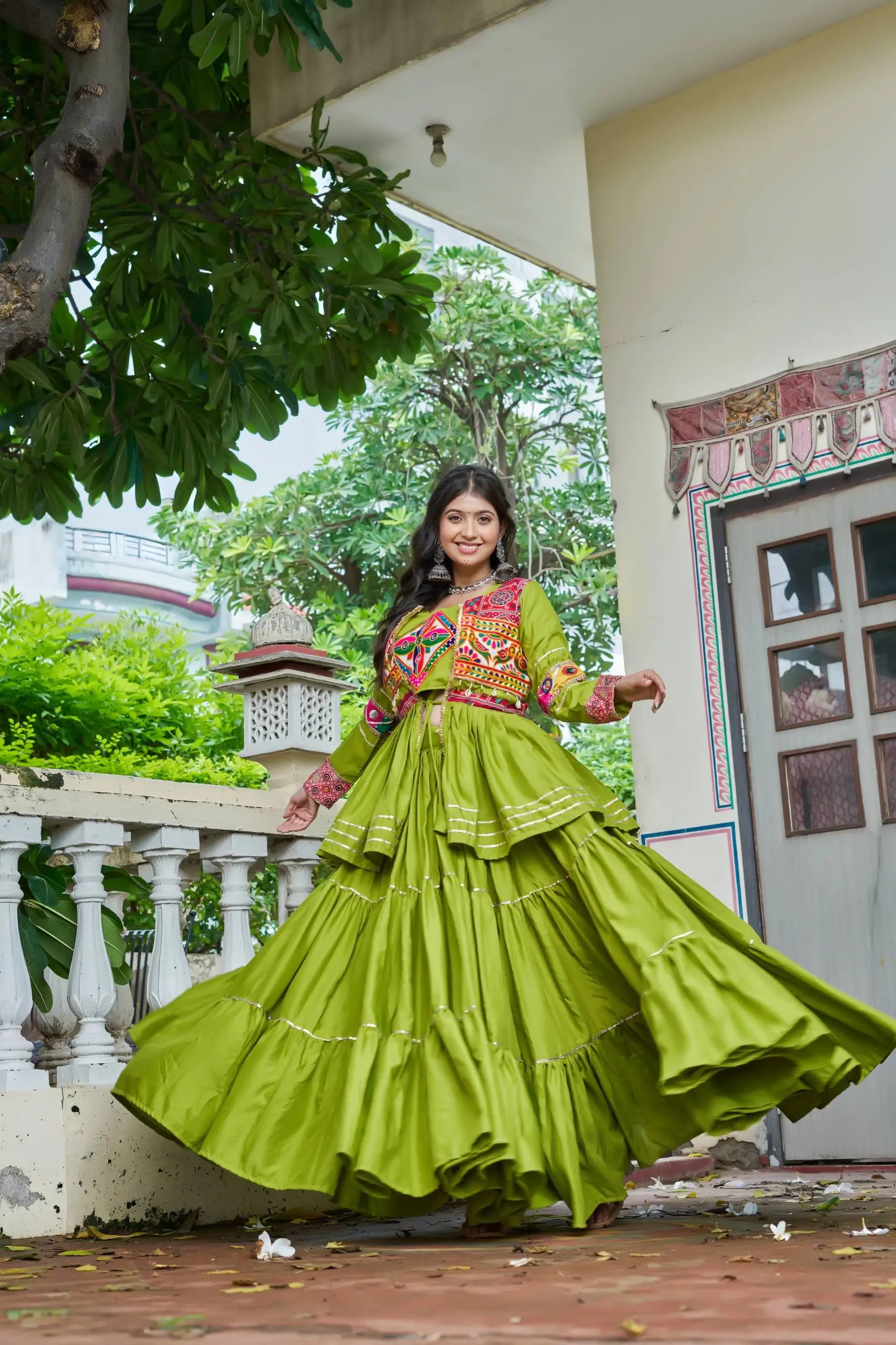 Multicolor Gamthi Work Cotton Lehenga Choli with Koti for Navratri and Festive Wear