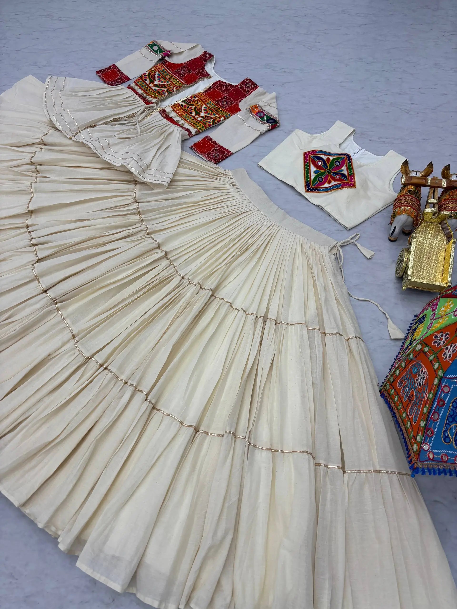 Multicolor Gamthi Work Cotton Lehenga Choli with Koti for Navratri and Festive Wear