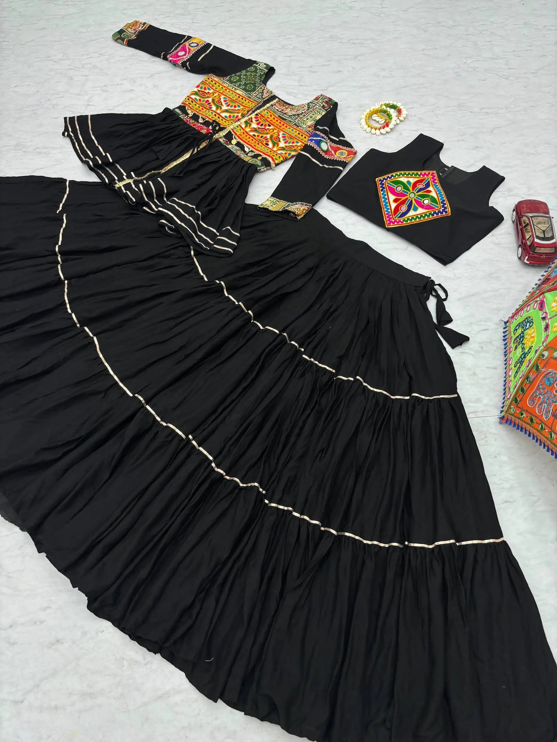 Multicolor Gamthi Work Cotton Lehenga Choli with Koti for Navratri and Festive Wear