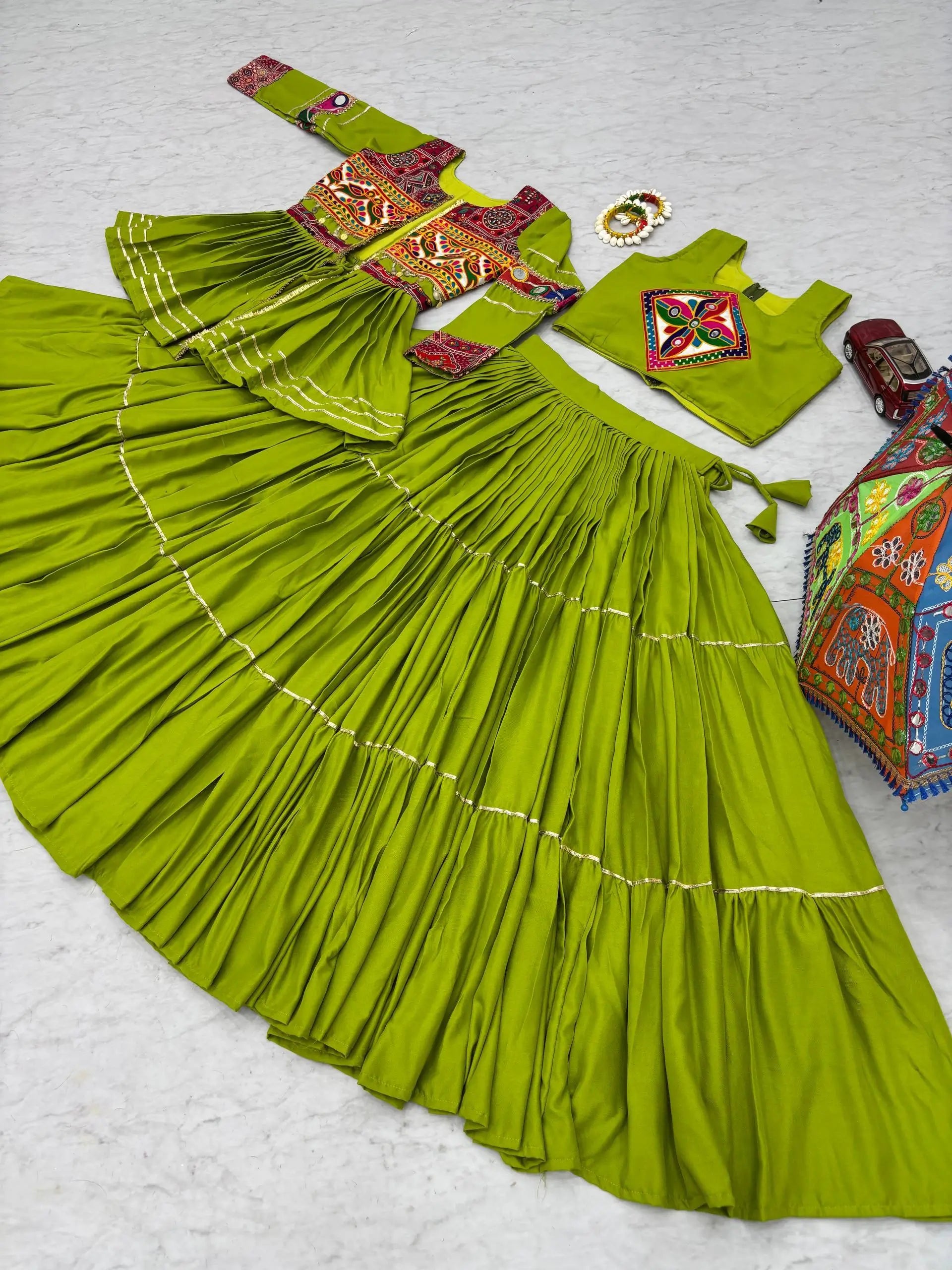 Multicolor Gamthi Work Cotton Lehenga Choli with Koti for Navratri and Festive Wear